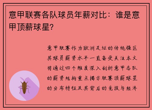 意甲联赛各队球员年薪对比：谁是意甲顶薪球星？