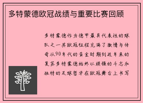 多特蒙德欧冠战绩与重要比赛回顾